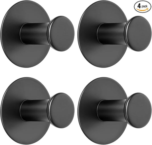 SAYAYO Self Adhesive Hooks for Hanging, Coat Hooks Wall Mount Matte Black Towel Hook for Bathrooms, Stick on Hook SUS304 Stainless Steel, 4pcs