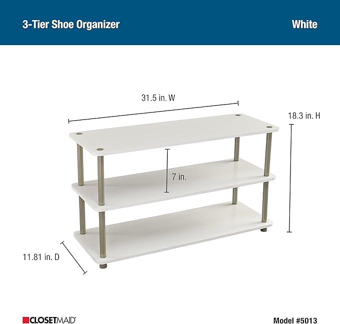 ClosetMaid 3-Tier Shelf Organizer Unit for Shoes, Accessories, Hats, Purses, Bags, in Entryway or Closet, Wood Shelves with Metal Frame, White
