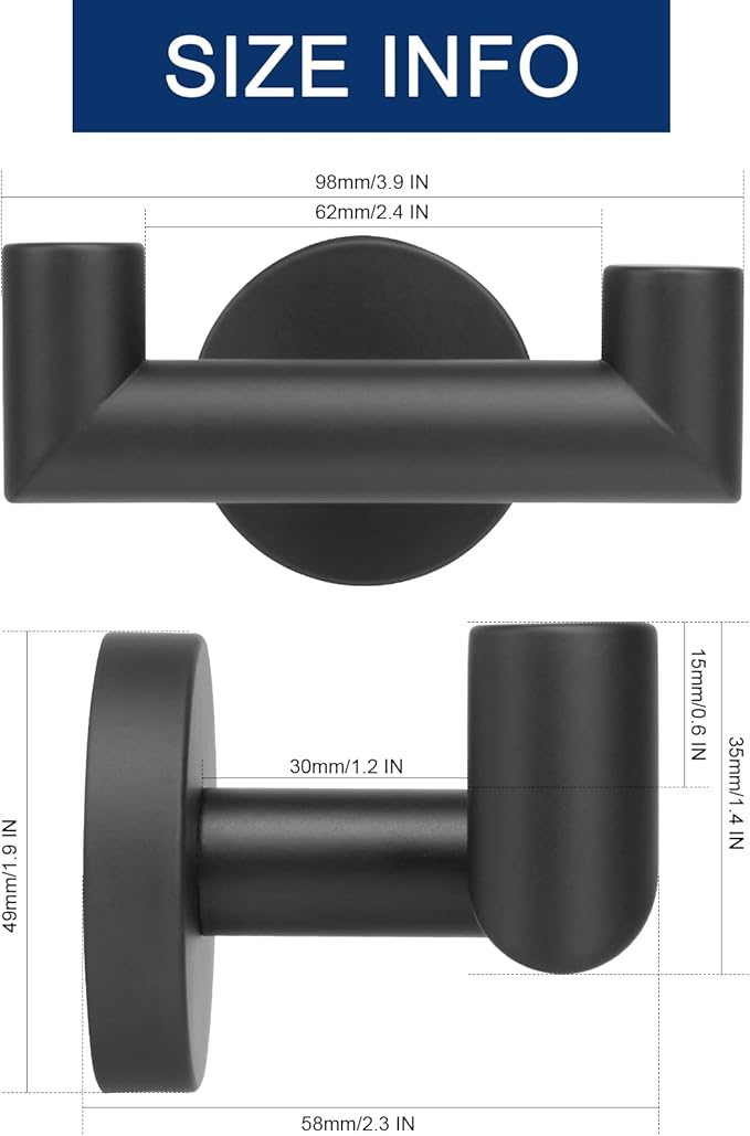 NearMoon Bathroom Double Towel Hook- SUS304 Stainless Steel Robe Towel Holder, Heavy Duty Double Coat Hook for Bathroom Livingroom Kitchen Wall Mounted (Matte Black-U, 2 Pack)