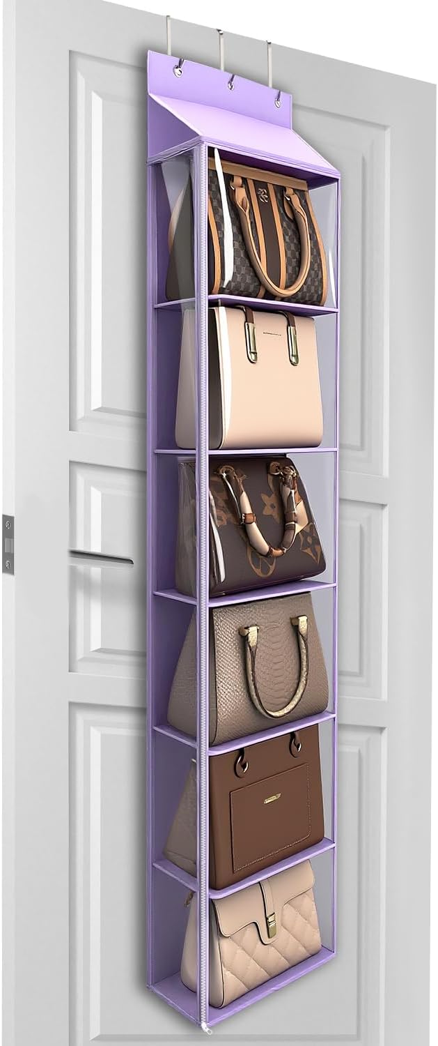 Lirex Over The Door Purse Organizer & Purse Shelf for Closet – Handbag Storage Organizer with Purse Hanger. Perfect for Scarves, Hats, and Leggings. S (11.8'' x 5'' x 51.6''), Purple