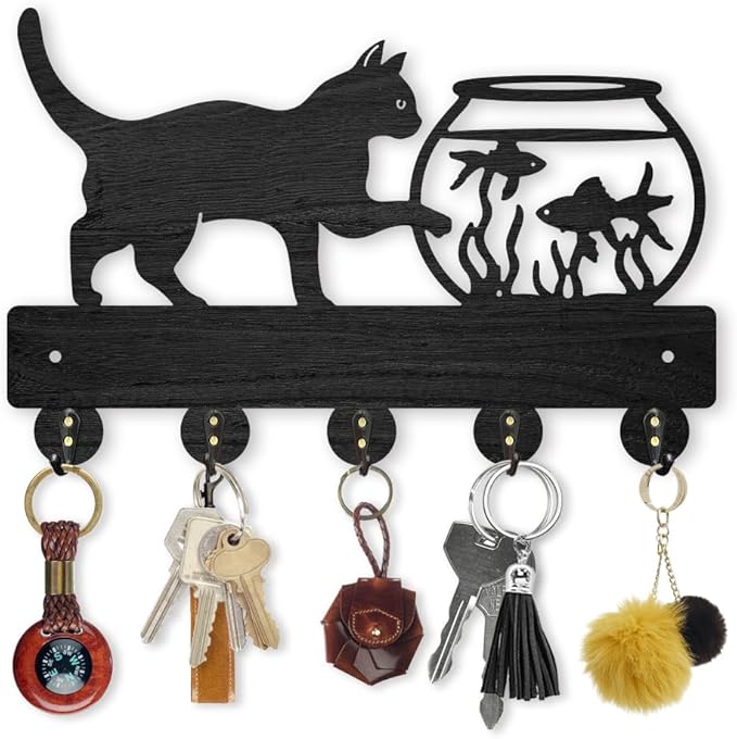 MAYJOYDIY Cat Fish Tank Coat Rack Wall Mount Wood Cat Pet Animal Key Holder for Wall 11.8×7.6inch Cat Goldfish Key Rack 5 Alloy Hooks Wall Hanger Decorative Key Holder for Gift Home Entryway Art Decor