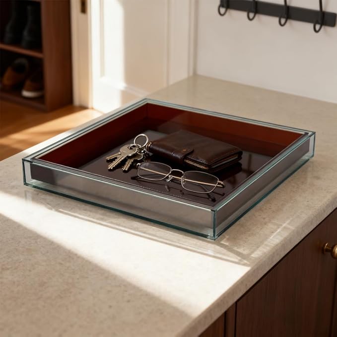10"x10" Brown Acrylic Tray, Decorative Bathroom Vanity Counter Tray for Perfume, Candle, Soap, Coffee Table & Kitchen â Square Acrylic Organizer for Sink, Entryway Table, Dresser Home Decor