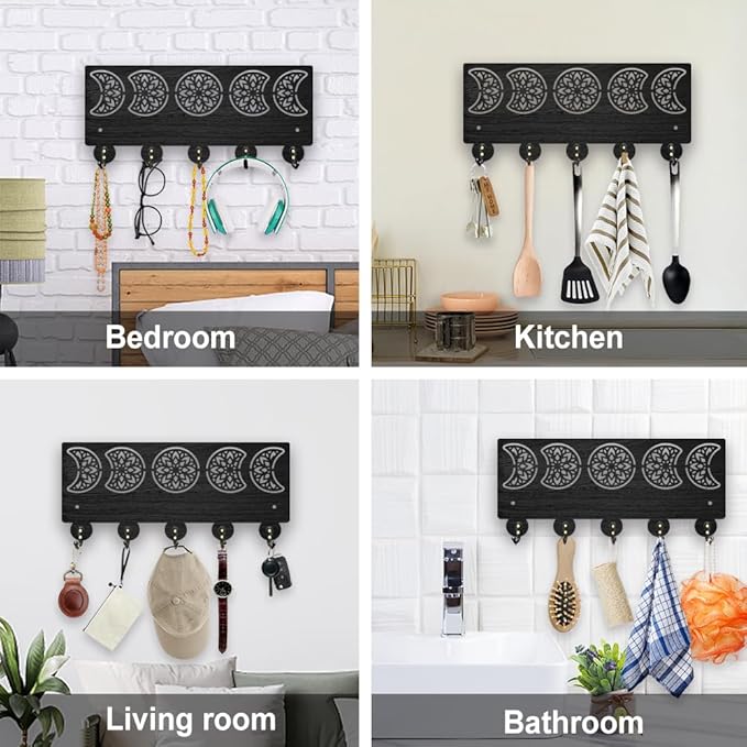 MAYJOYDIY Mandala Moon Phase Key Holder for Wall 11.8x5.3inch Floral Moon Wood Key Rack Hooks with 5 Alloy Hooks for Entryway Front Door Kitchen Office Decor