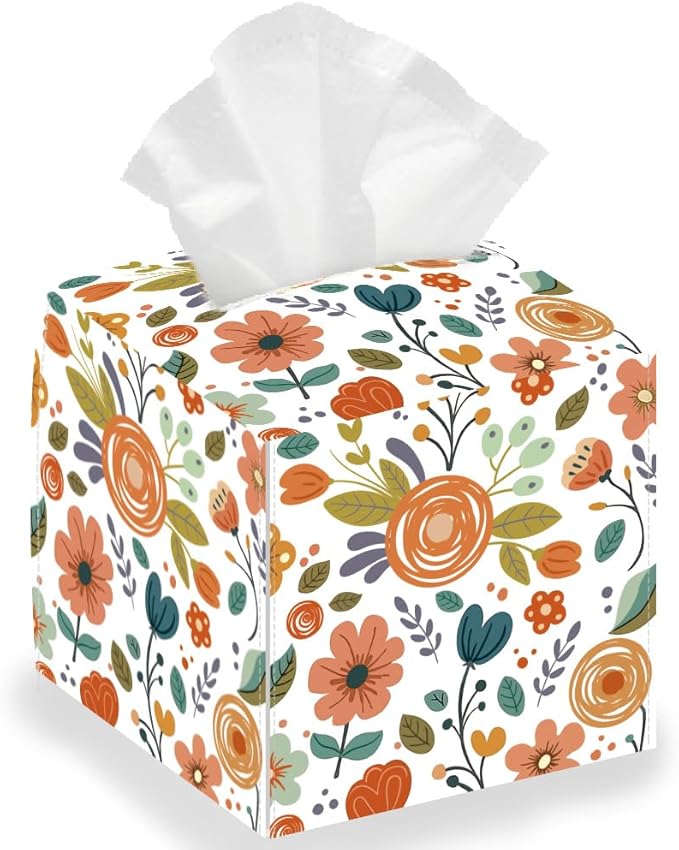 Flowers Leaves Tissue Box Holder, Square Tissue Box Cover Foldable Tissue Storage Box Waterproof Tissue Box Holder for Bedroom Office Bathroom Car Nightstand Home Decor