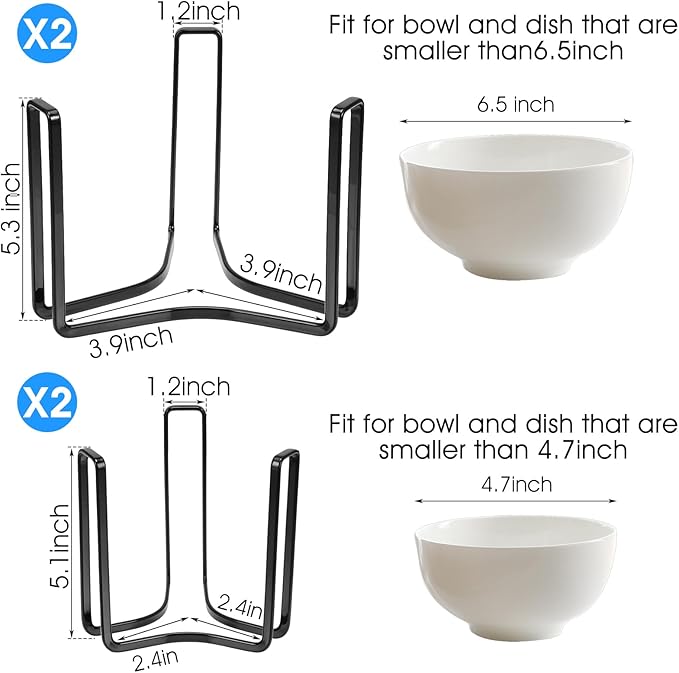 4PCS Dinnerware Bowl Plate Holder ,Bowl Holders Organizer Fit for 4.7 and 6.5 Inches Diameters Bowl, Metal Bowl Storage Dying Display Rack for Kitchen Drawer, Countertop, Cabinet, Shelf, Cupboard