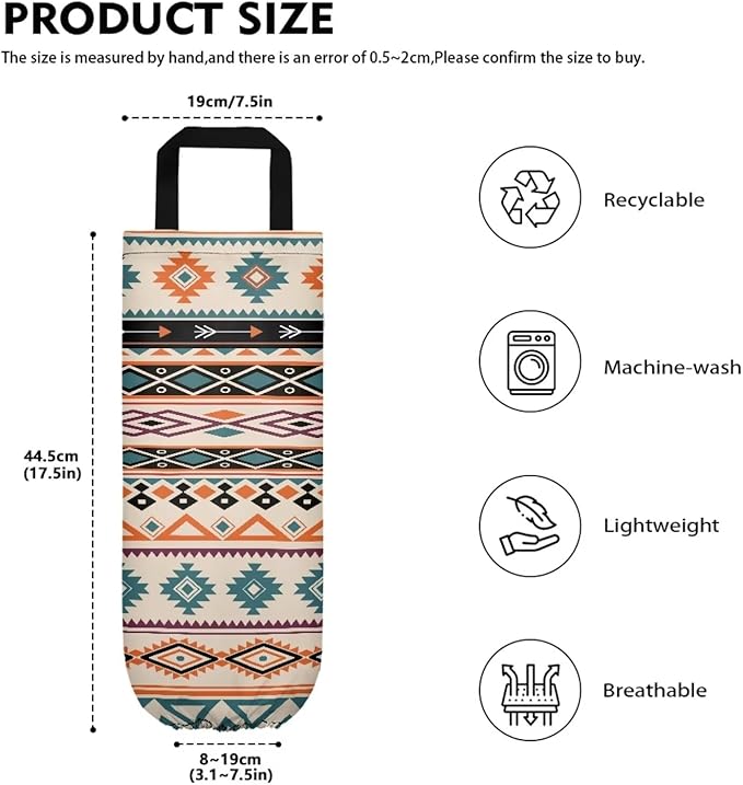 Plastic Bag Holder Set of 2 Hanging Grocery Bag Holder Reusable Plastic Bag Dispenser Trash Bag Organizer Container,Ethnic Aztec Tribal Stripes