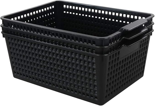 3-pack Plastic Storage Bins Basket For Organizing (Black)