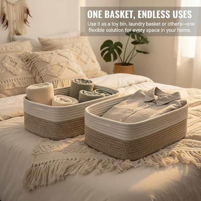 Storage Baskets for Organizing 3 Pack, Woven Baskets for Storage 15"x11"x5.1", Shelf Basket Closet Basket Empty Gift Baskets Woven Storage Bins, White & Mixed Brown