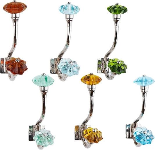 Indian Shelf Pack of 12 Heavy Duty Colorful Crystal Double Prong Glass Decorative Wall Hooks Unique Coat Rack Wall Mount Double Hooks for Hanging Towel Hooks for Bathrooms Backpack Purse Hanger