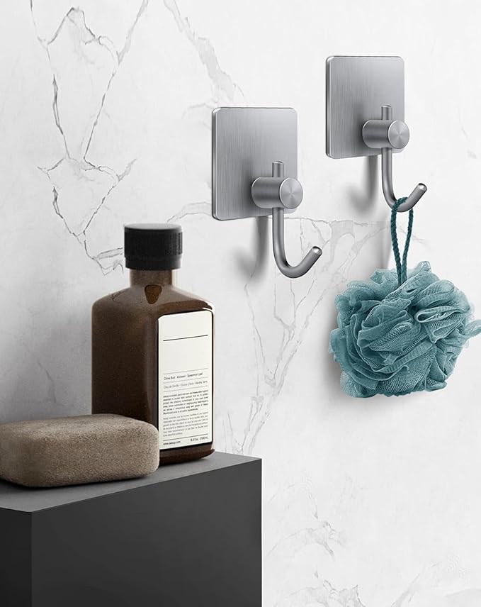 Adhesive Towel Hooks for Bathroom 4 Pack, Silver Self Adhesive Hand Towel Holder for Hanging Towels, Lightweight Clothing, Perfect for Bathroom, Closet, Cabinet, and Behind Doors