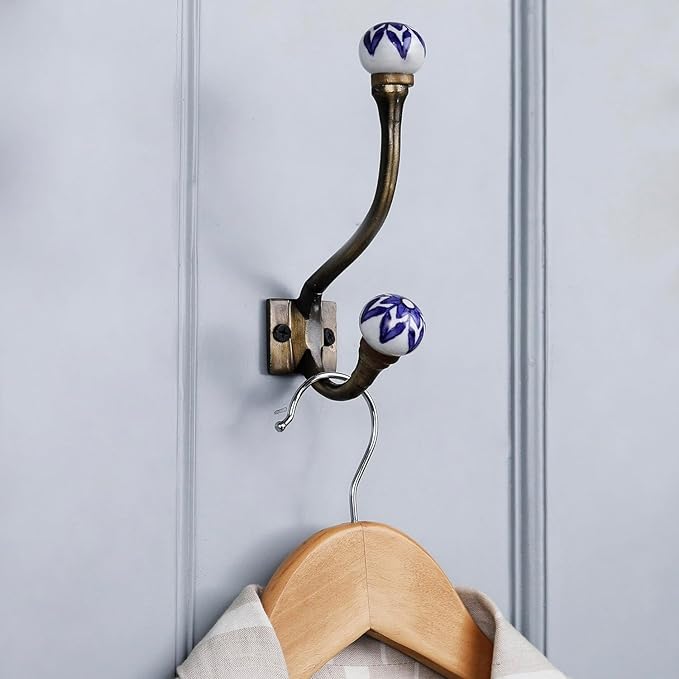 Indian Shelf Pack of 12 Heavy Duty Decorative Double Hooks for Hanging Blue White Unique Coat Hooks Vintage Coat Rack Wall Mount Double Prong Wall Hooks Towel Holder Backpack Purse Hanger- Style 17