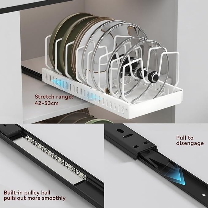 Pots and Pans Organizer Under Cabinet, Pull-out Pots and Pans Organizer, Under Cabinet Pot Lid Holder, Sliding type Pots and Pans Storage with 8 Adjustable Dividers for Kitchen