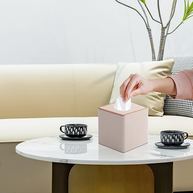 Linen Square Tissue Box Cover,Cube Tissue Box Holderï¼Excellent Rosegold Leather Decoration,Table Napkin Case Dispenser,Facial Tissues Organizer with Magnetic Bottom for Home Office Car(Beige)