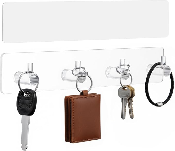 1 Pcs Adhesive Key Holder for Wall Acrylic Key Holder with 4 Hooks for Entryway, Door, Bathroom, Kitchen, Hang Keys, Hats, Dog Leashes, and Accessories (Transparent)
