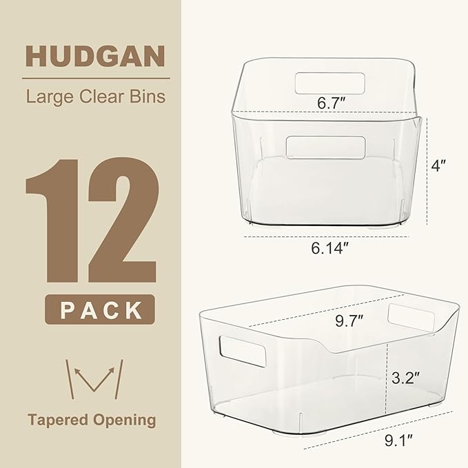 Hudgan 12 Pack Clear Pantry Organizer Bins, Plastic Storage Bins for Fridge, Plastic Pantry Organizer Containers for Home, Kitchen Cabinet, Bathroom Shelf, Under Sink and Drawers