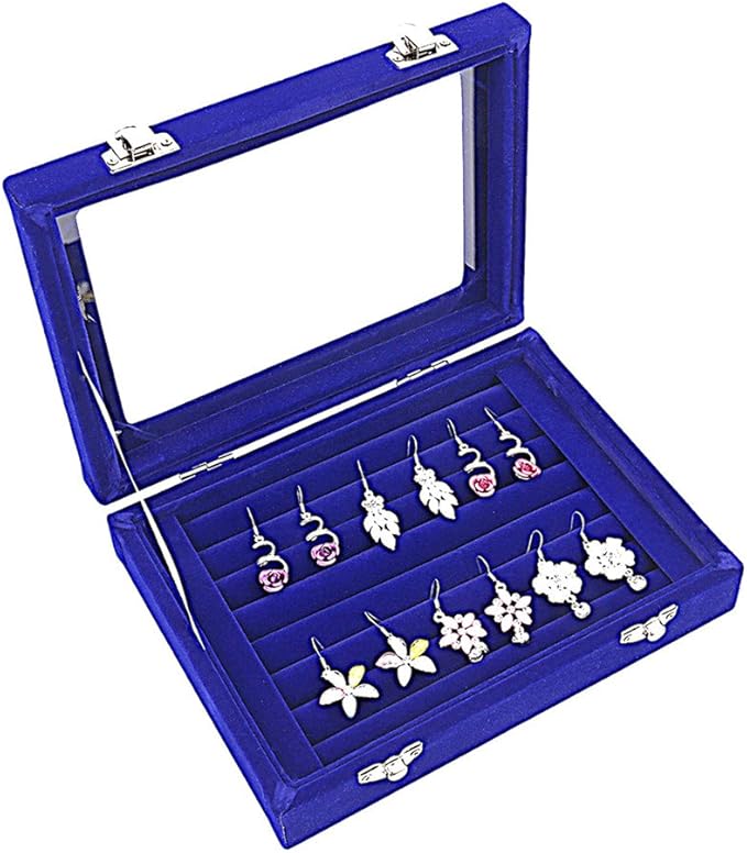 Velvet Glass Jewelry Display Storage Box Ring Earrings Jewelry Box Ring Holder Case, 2 Clasps