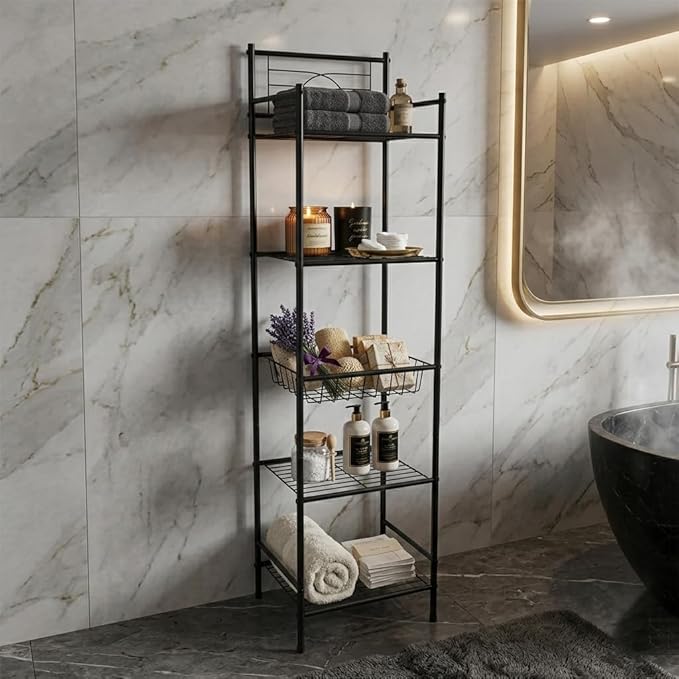 Bath Bliss 5 Tier Freestanding Bathroom Storage Shelf, Black Metal Organizer Rack | Rust Resistant Space Saving Bathroom Stand | Toilet Paper Towel Holder | Bathroom Organizer for Small Spaces