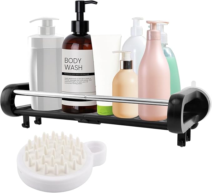 Strong Suction Cup Shower Caddy, Shower Shelf for Home Storage, No-Drilling Removable Bath Organizer Suction Powerful Heavy Duty, Wall Mounted Easy Install, With Shampoo Brush