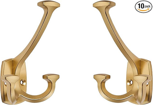 Large Wall Double-Sided Hook 10 Pack Brushed Gold Hook Decorative Heavy Duty Solid Large Coat Hooks for Towel Hanging Coats Robe Towel Bags Door Back 2 Prong Hooks