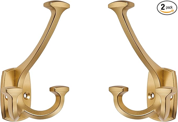 Large Wall Double-Sided Hook 2 Pack Brushed Gold Hook Decorative Heavy Duty Solid Large Coat Hooks for Towel Hanging Coats Robe Towel Bags Door Back 2 Prong Hooks
