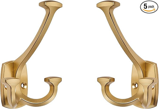 Large Wall Double-Sided Hook 5 Pack Brushed Gold Hook Decorative Heavy Duty Solid Large Coat Hooks for Towel Hanging Coats Robe Towel Bags Door Back 2 Prong Hooks