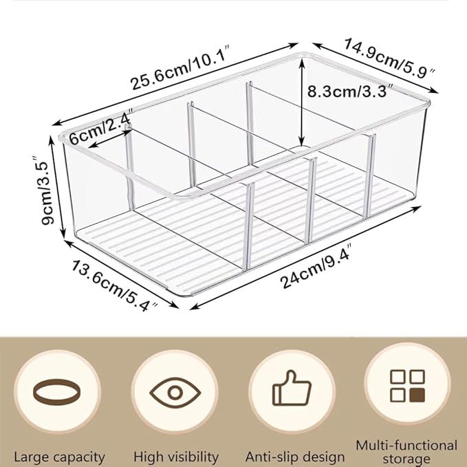1 Pack Storage Organizer Bins, Plastic Bins Desk Organizer Containers with 4 Slots for Pantry, Kitchen, Fridge, Cabinet Packets, Snacks, Shelves, Pouches, Spice Packets
