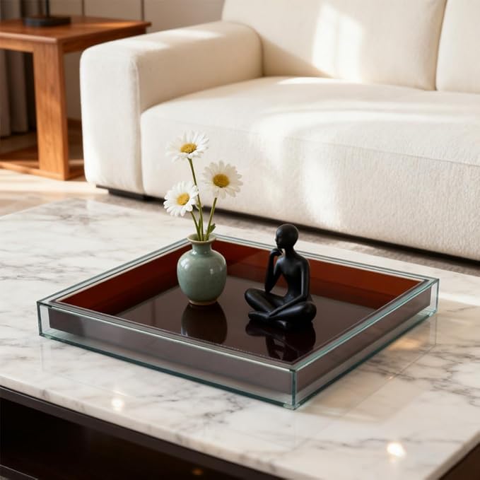10"x10" Brown Acrylic Tray, Decorative Bathroom Vanity Counter Tray for Perfume, Candle, Soap, Coffee Table & Kitchen â Square Acrylic Organizer for Sink, Entryway Table, Dresser Home Decor