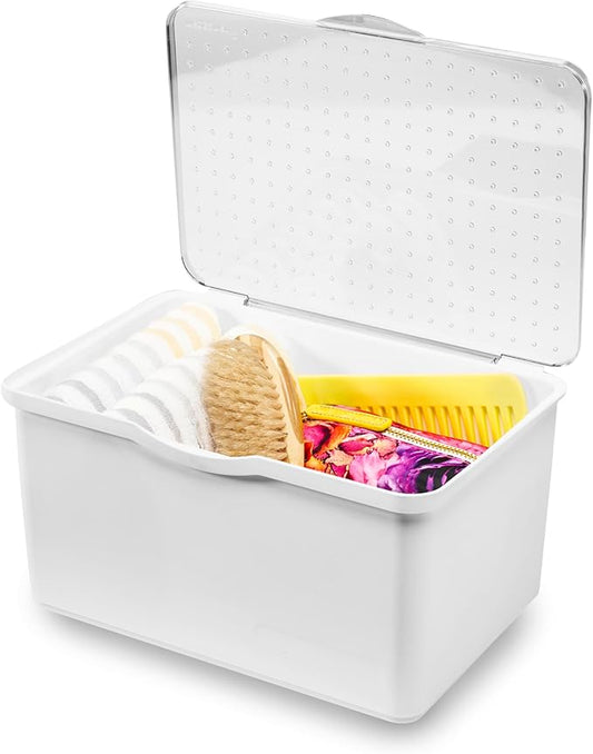 madesmart Medium Stacking Lid Bin, Clear-Lid Storage Organizer for Makeup, Cotton Balls & Bathroom Essentials, Stackable Countertop or Cabinet Bin, White