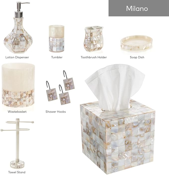 Milano Bathroom Accessories Set - 4 Piece Bathroom Accessory Set with Natural Mother of Pearl Shells - Decorative Bathroom Set Includes: Soap Dispenser, Toothbrush Holder, Tumbler and Soap Dish