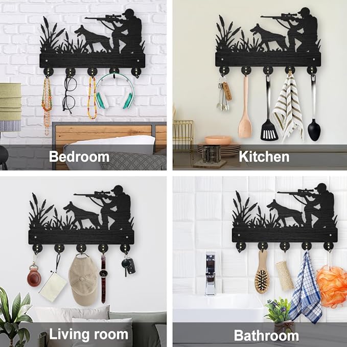 MAYJOYDIY Hunter Hunting Hound Coat Rack Wall Mounted Wood Man Dog Animal Reed Key Hooks for Wall 11.8×7.9inch Black Key Holder Hanger Wall Art Decor 5 Alloy Hooks for Gift Hallway Entryway Kitchen