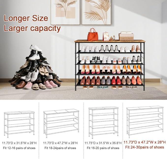 Shoe Rack Organizer 5 Tier Metal Organizer Shelf with Industrial MDF Board and Layer Fabric for Entryway Closet Bedroom Living Room Garage (Black+Rustic Brown, 5 Tier(47.2" W))