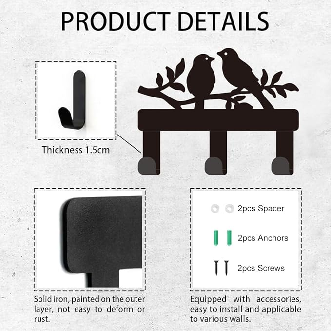 Birds Branch Metal Key Holder for Wall Mini Key Hook Organizer Rack Key Hangers Wall Decorative with 3 Hooks for Entryway Front Door Hallway Kitchen Office Bag Clothes Key Hanging