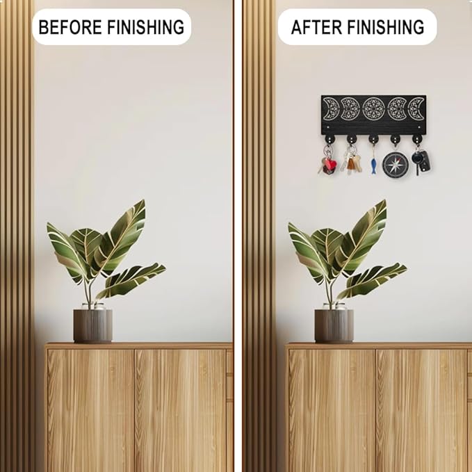 MAYJOYDIY Mandala Moon Phase Key Holder for Wall 11.8x5.3inch Floral Moon Wood Key Rack Hooks with 5 Alloy Hooks for Entryway Front Door Kitchen Office Decor