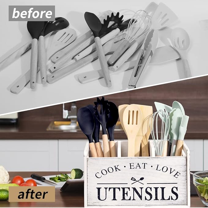 Farmhouse Cooking Utensils Organizer - Solid Wood Countertop Utensil Holder, 3 Compartment Spoon Holder for Kitchen Decor (White)
