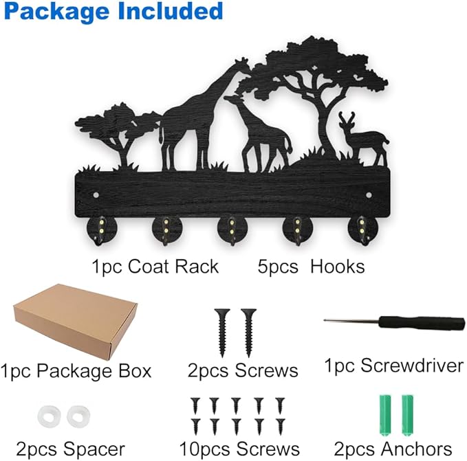 MAYJOYDIY Africa Giraffe Coat Rack Wood Key Holder 11.87.9inch Giraffe Family Deer Decorative Wall Hooks 5 Alloy Hooks Animal Tree Black Wall Hanger for Gifts Entryway Room Home