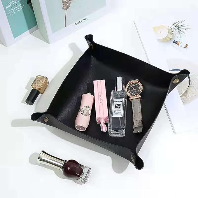 Valet Tray, Leather Tray, Small Catchall Tray, Foldable Jewelry Travel Organizer, Suitable for Travel, Storage, Nightstand, Home or Office (Black-S)