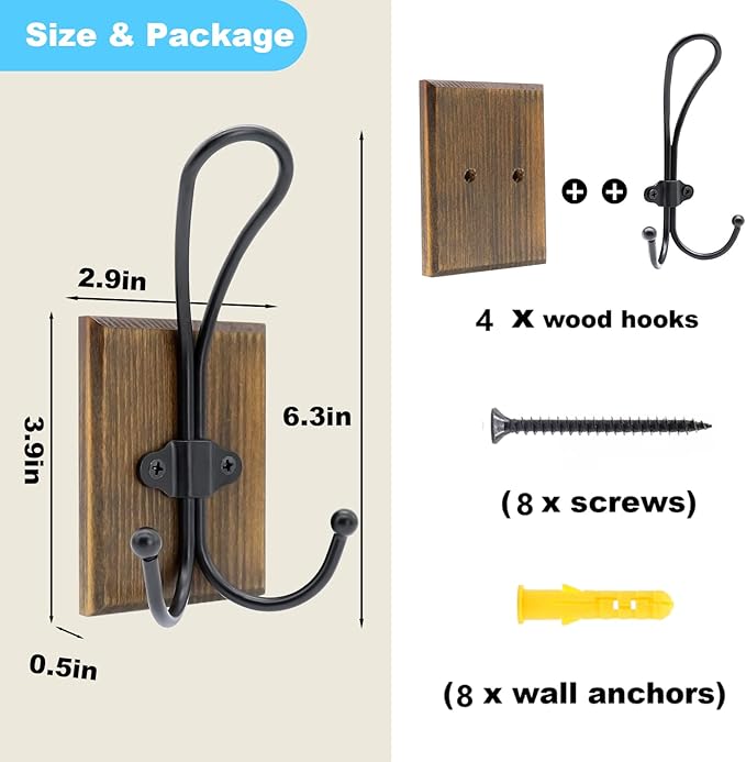 Wall Hooks for Hanging, 4 Pack Farmhouse Towel Hooks for Bathrooms, Hat Hangers,Coat Hooks,Coat Rack for Robe Keys Purse(Weathered Brown)