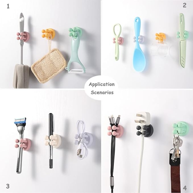 4 Pcs Silicone Waterproof Toothbrush Holders,Multi-Function Self Adhesive Hooks for Hanging Key Clothes Towel Cable for Kitchen Bathroom Home Office White