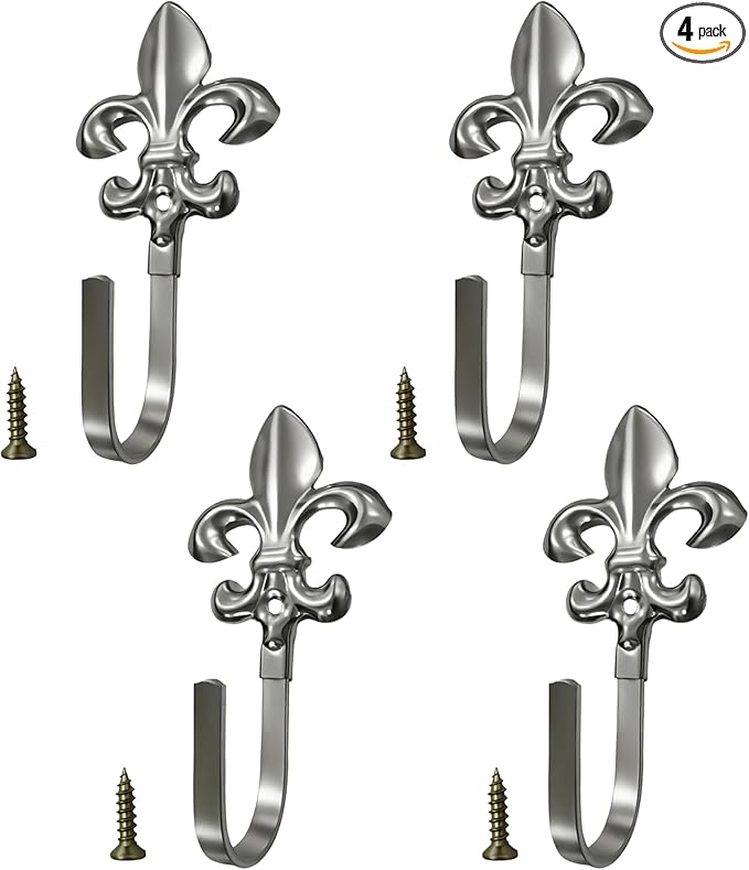 Decorative Wall Hooks for Hanging Things, Vintage Fleur De Lis Metal Coat Hooks, Heavy Duty Silver Rustic Hook for Key, Jewelry, Curtain Tie Backs, Towel, Hat, Small Decorative Hardware 4 Pack