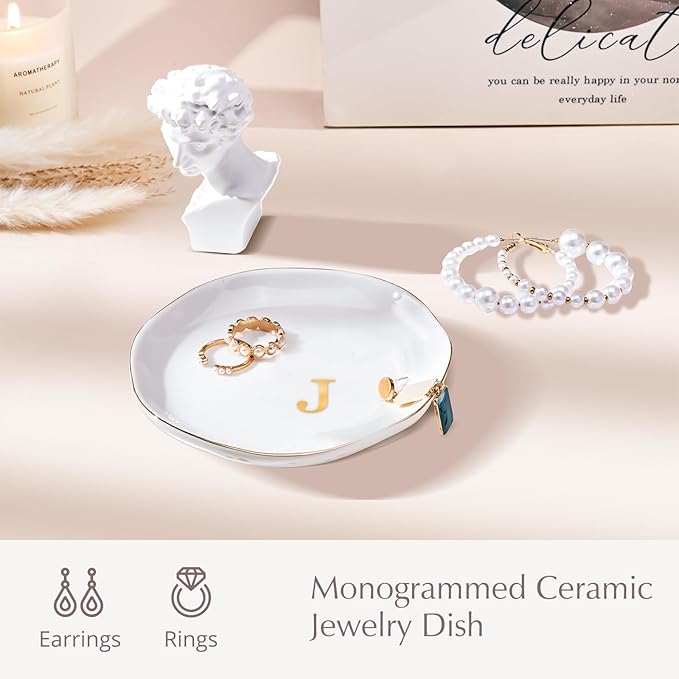 ProCase Ceramic Jewelry Tray, Initial Ring Dish Trinket Plate Engagement Gift, Small Personalized Monogram Ring Bowl for Wedding, White Decorative Jewelry Holder for Women Vanity -Letter J