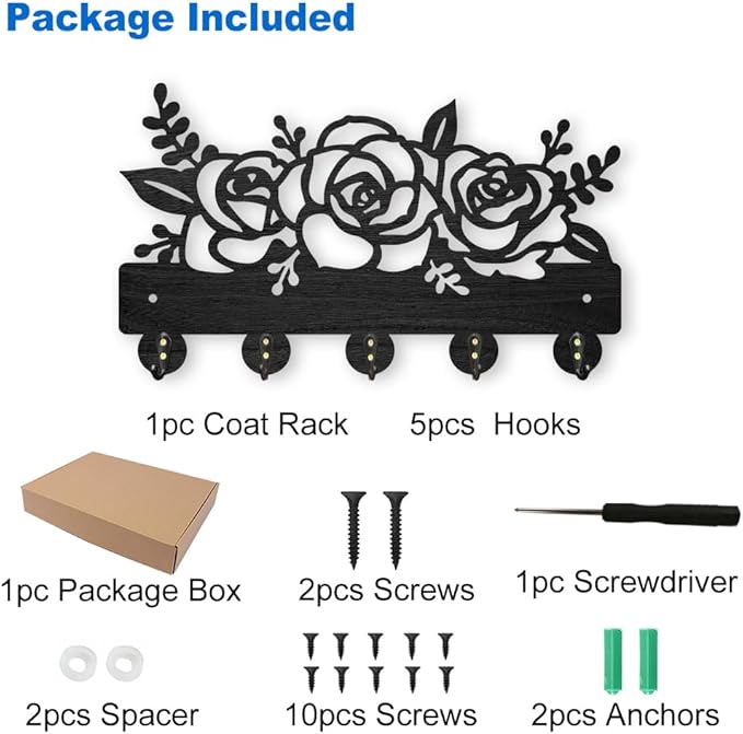 MAYJOYDIY Flower Plant Coat Hooks Wall Mounted 11.8×7inch Rose Flower Wood Key Holder for Wall Decorative Key Rack Hanger with 5 Alloy Hooks Key Hooks for Entryway Home Decor Mother's Day Gift