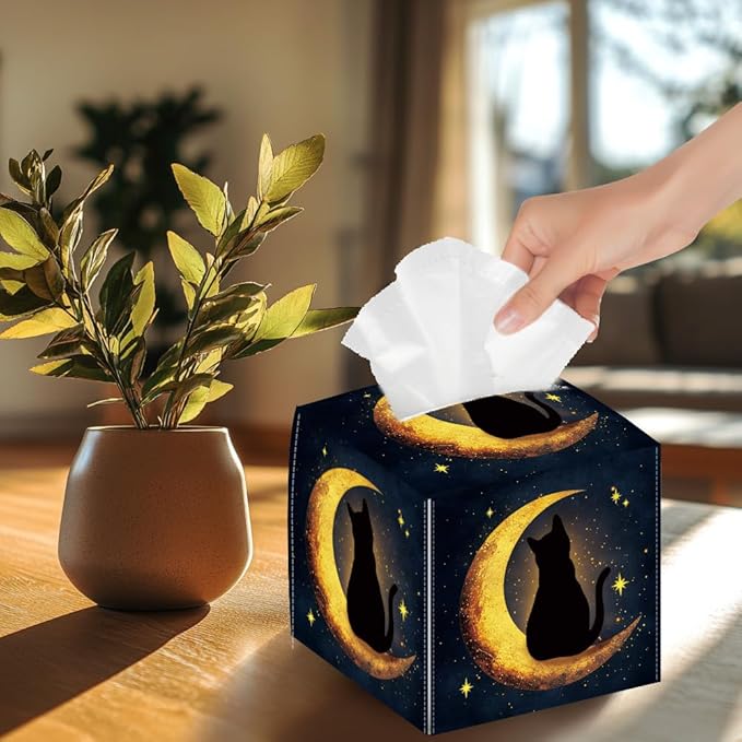 Moon Cat Tissue Box Holder, Starry Sky Square Tissue Box Cover Foldable Tissue Storage Box Waterproof Paper Towel Case Container Organizer Tissue Box Holder for Bedroom Office Car