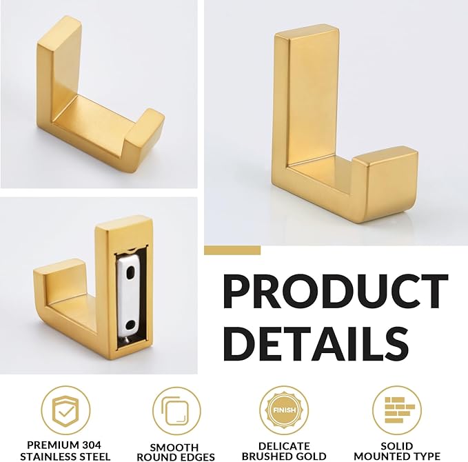APLusee Robe Towel Hook, 304 Stainless Steel Modern L Shape Practical Coat Hook, Utility Shower Towel Hanger for Bathroom Kitchen Home Storage (Brushed Gold)