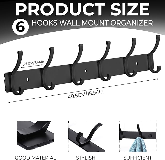 Coat Rack Wall Mount, 2 Pack Coat Hooks Hanger Wall Double Hook Rack Rail Towel Hat Rack Entryway Bathroom Hanger Organizer for Robes, Clothes, Bags, Hat(Black)