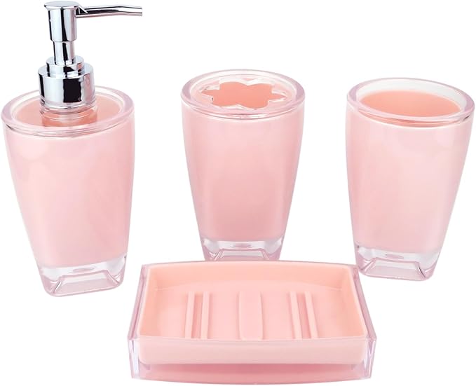Bathroom Accessories Set of Acrylic Plastic soap Dispenser, Toothbrush Holder, Toothbrush Cup, soap Dish, Pink Bathroom Accessories 4pcs Set (Pink)