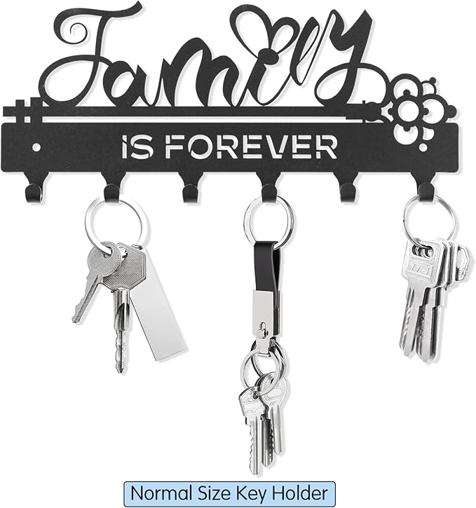 ”Family is Forever”Key Holder Wall Mounted,Key Holder on Wall,Black Metal Decorative Key Rack Hooks for Garage,Mudroom,Hallway,Entryway,Front Door,Office(Normal Size:28x12.3cm)