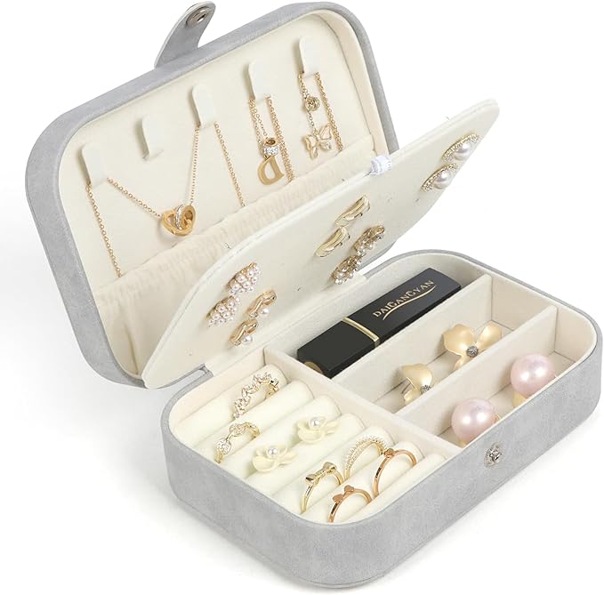 Travel Jewelry Box,Small Jewelry Organizer Boxes for Women Girls, 2 Layer Travel Jewlery Case, PU Leather Mini Portable Jewerly Storage Display Holder for Earrings, Ring,Necklaces, Bracelets - Grey