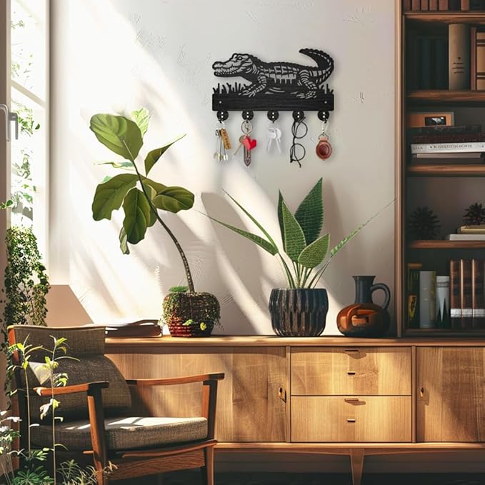 MAYJOYDIY Crocodile Coat Rack Wall Mount Reptile Animal Wood Key Holder for Wall 11.8×7.1inch/30×18.1cm Decorative Key Hooks with 5 Alloy Hooks for Gift, Entryway, Front Door, Hallway, Kitchen, Office