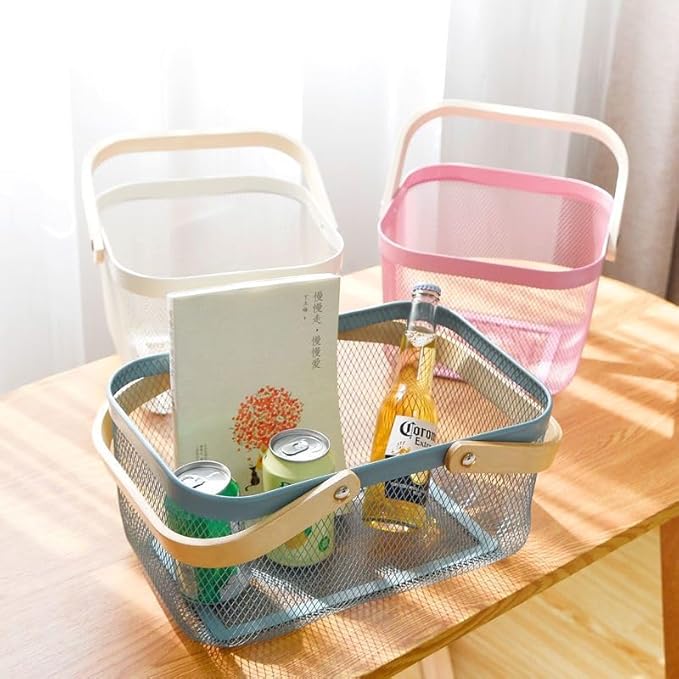Mesh Steel Storage Organizer Basket Fruit Basket Bin with Wood Handle Ideal for Kitchen Bathroom Picnic Baskets Pantry Cabinets Storage Home Decor (Pink)
