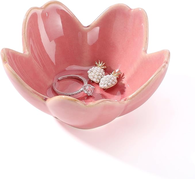 Pink Flower Ring Dish Holder,Jewelry Dish Tray,Small Trinket Tray,Jewelry Plate Bowl,Key Bowl,Decorative Plate,Birtdhay Christmas Gifts for Women Friends,Ceramic Kiln effect White